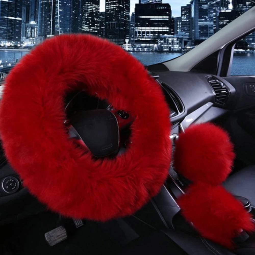 3PCS Fur Steering Wheel Cover Set Real Sheepskin